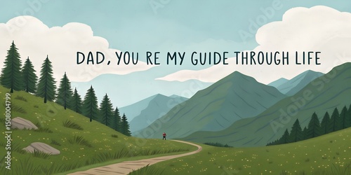 A scenic mountain landscape with a winding path and the text dad you re my guide through life