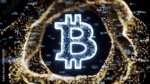 The Bitcoin emblem glowing within a digital network. It features Bitcoin, symbol of cryptocurrency, floating through the digital space