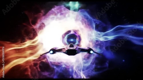 A spaceship in space encountering a mysterious and colorful nebula. The scene is both awe-inspiring and futuristic.