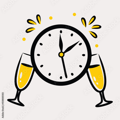 Two glasses of champagne and clock. Vector illustration in doodle style.