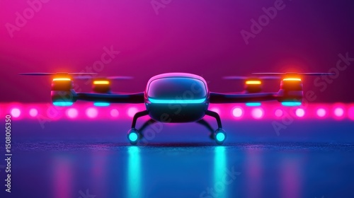 A futuristic drone with glowing LED lights sits on a surface, illuminated by vibrant pink and blue neon lighting.
