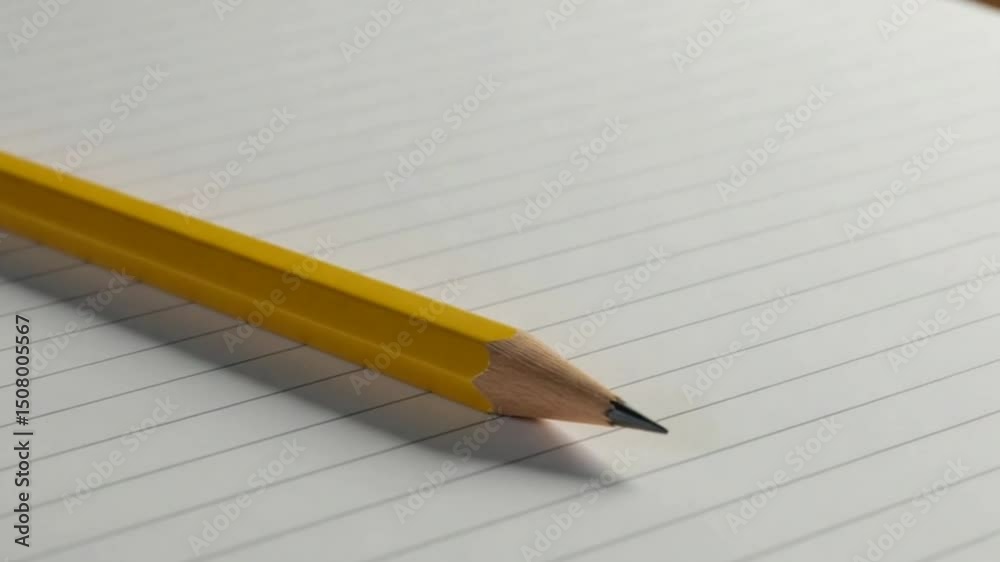 Close-up of a yellow pencil lying on a lined paper background