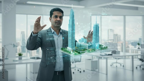 Businessman interacting with holographic city model in office