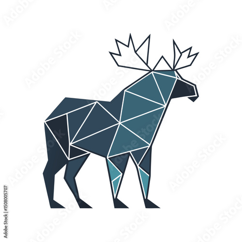 Geometric illustration of a majestic moose in blue tones on a clean white background