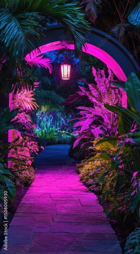 Fototapeta premium Pink-lit garden archway at night