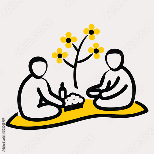 People picnic icon. Vector illustration of two men sitting on the grass and having picnic