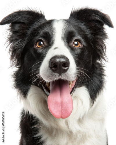 Photorealistic half body portrait of Border Collie with joyful expression, showcasing its striking black and white fur and bright eyes. This captures playful and intelligent nature of breed