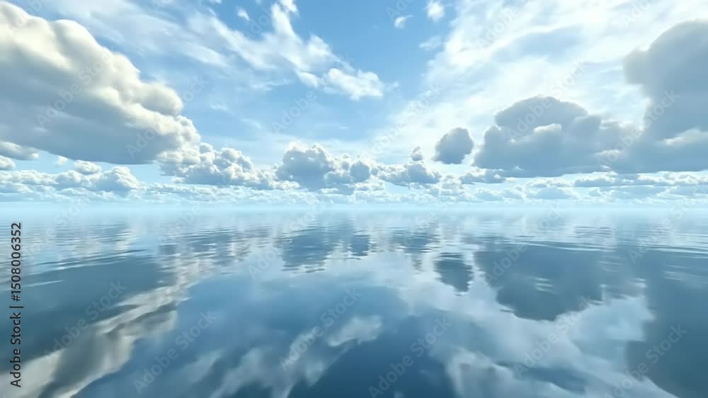 Serene ocean view with fluffy clouds reflecting on calm water under a bright blue sky Serene ocean view with fluffy clouds reflecting on calm water under a bright blue sky