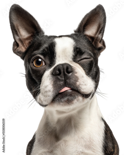 Photorealistic half body portrait of Boston Terrier with playful expression, showcasing its distinctive features and charming personality. This captures essence of this beloved breed