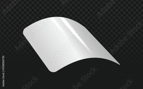 Glossy, flexible transparent plastic sheet with a curved form, isolated on a dark checkered background. Ideal for screen protectors, packaging materials, and protective coverings.