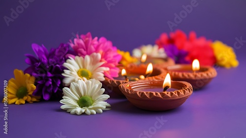 Clay lamps and colorful flowers arranged on a purple background.