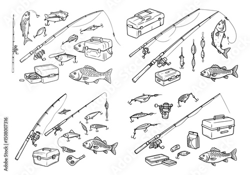Vector outlines of fishing tools and equipment 
