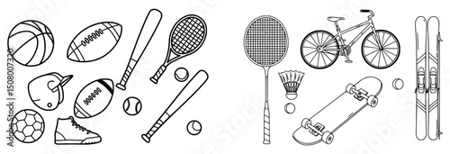 Vector outlines of sport equipment featuring balls, bats, shoes, and bicycle. 