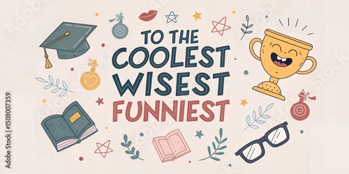 Illustrated graduation card with a trophy, books, and glasses on a light background design element