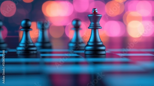 Chess pieces on a board with a colorful, blurred background, highlighting the king and pawns in focus.