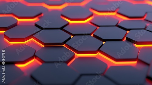 Glowing orange light shines through a futuristic black hexagon grid, creating a vibrant and modern abstract pattern.