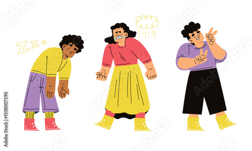 Colorful characters in vibrant outfits showcase individuality with cheerful, playful designs