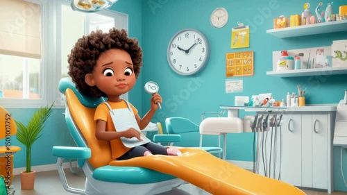 During dental treatment, a brave and calm African American girl waits in the dentist's chair with her hands on her lap. 