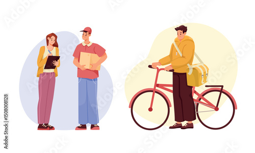 An engaging delivery interaction scene illustrating a bicyclist in a colorful urban setting