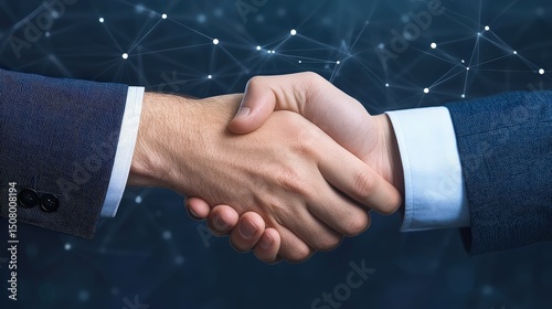 Two people in business suits shaking hands, symbolizing partnership and agreement, with a digital network background.