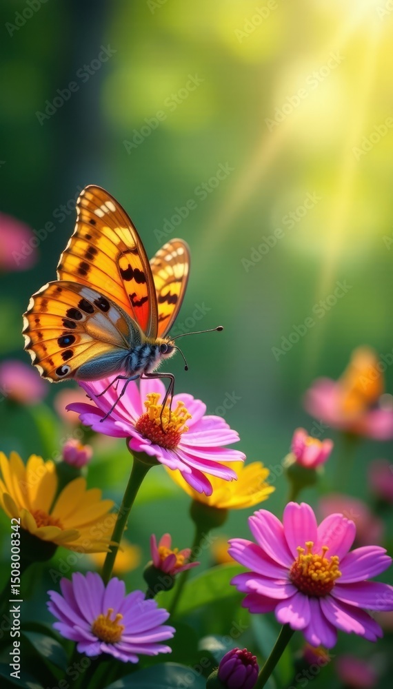 Obraz premium Colorful butterflies on lush spring flowers, sunlit garden , wildlife, flower garden, nature