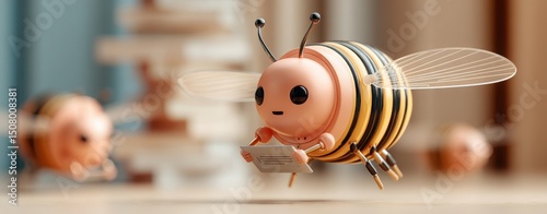AI-powered education Cute Cartoon Robot Bee Holding Paper in Flight Over Soft Background ai kids education pastel learning character cute ai series