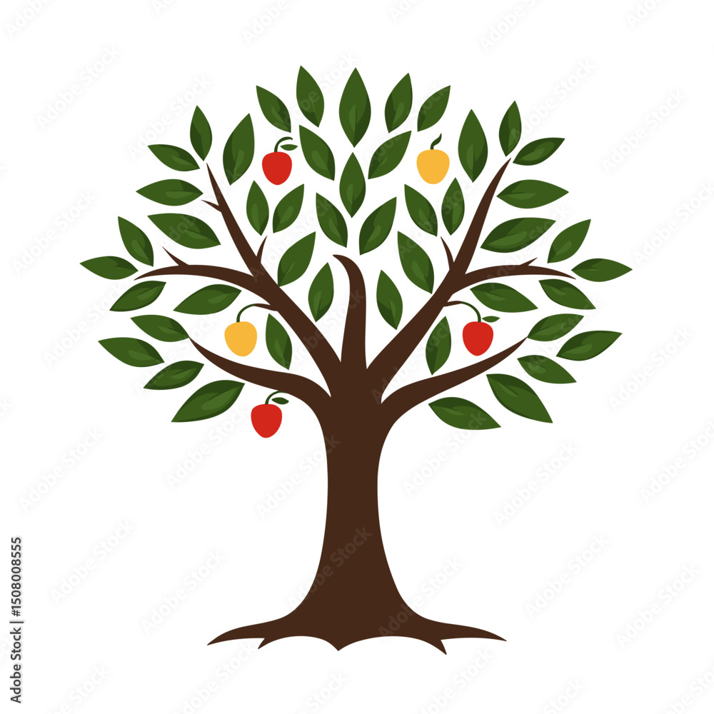 Obraz premium Stylized Apple Tree Illustration with Red and Yellow Fruits and Green Leaves on White Background
