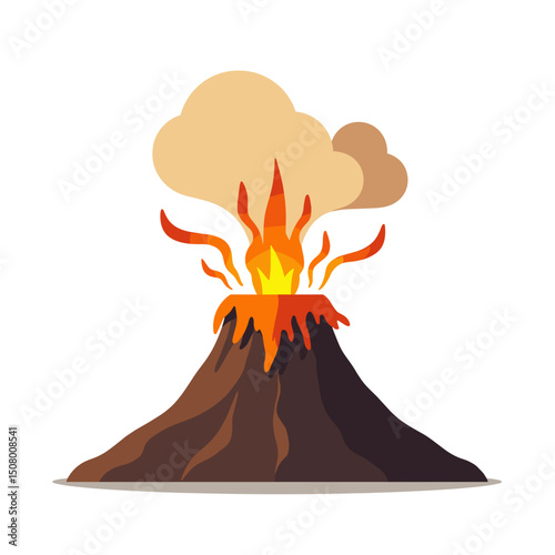 Cartoon Volcano Eruption with Lava and Smoke Illustration in Flat Design Style