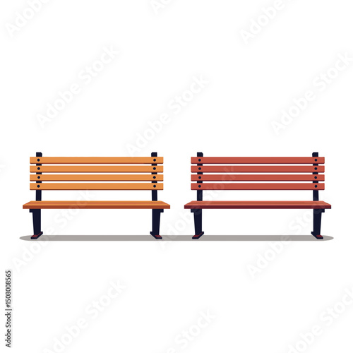 Two Park Benches with Wooden Slats and Black Metal Legs Illustration on a White Background
