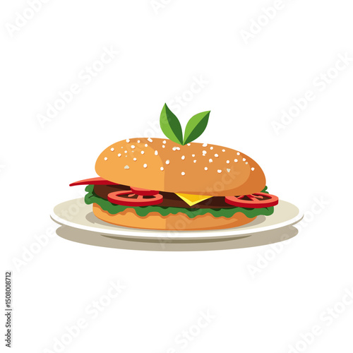 Delicious Cartoon Hamburger with Fresh Tomatoes, Cheese, Lettuce, and Sesame Seed Bun on a White Plate Illustration