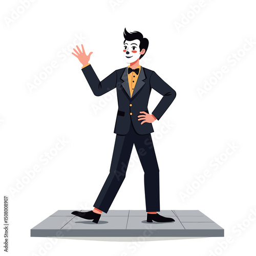 Cartoon Mime Artist in Black Suit Waving Hand, Performing on Stage Illustration