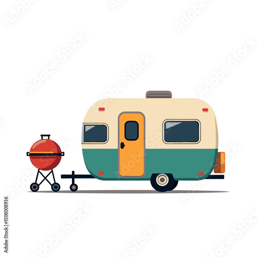 Illustration of a Vintage Camper Trailer with a BBQ Grill for Outdoor Recreation and Travel