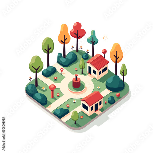 Isometric Illustration of a Small Town or Village with Houses, Trees, and Green Spaces in a Stylized Design
