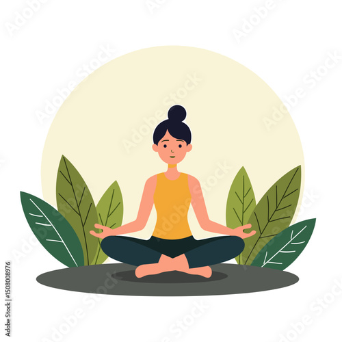 Woman in Lotus Position Meditating Outdoors Surrounded by Greenery, a Peaceful Wellness Illustration