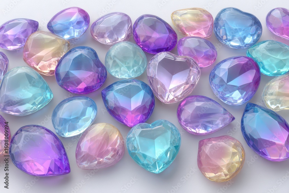 Fototapeta premium Pastel Iridescent Heart Shaped Gems on White Background