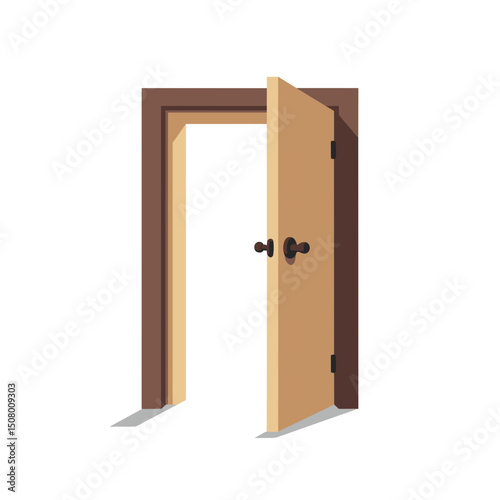 Open Wooden Door Vector Illustration with Brown Frame and Black Handles, Symbolizing Opportunity and New Beginnings
