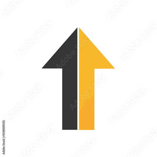 Abstract Upward Pointing Arrow Divided Vertically into Black and Yellow Halves on White Background