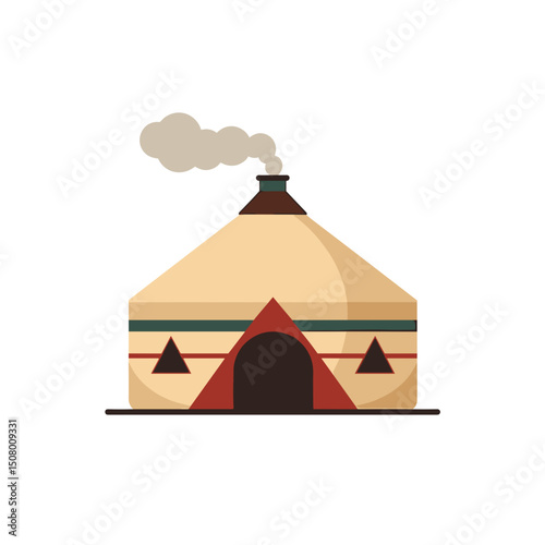 Isolated Vector Illustration of a Traditional Yurt with Smoke Coming from the Chimney on a White Background