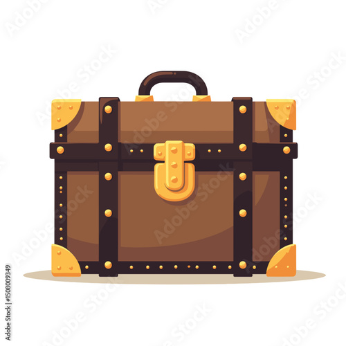 Cartoon Illustration of a Vintage Brown Suitcase with Gold Accents for Travel and Storage