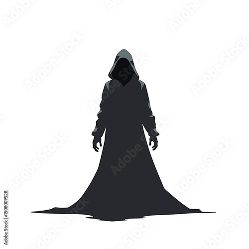 Dark Silhouette of a Cloaked Figure with Hood Illustration, Mysterious and Ominous Character Design