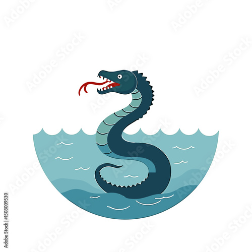 Cartoon Illustration of a Sea Serpent or Loch Ness Monster Emerging from the Water, Digital Art