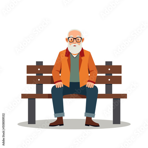 Illustration of an Elderly Man with White Beard Sitting on a Bench in a Park, Relaxing and Enjoying the Day