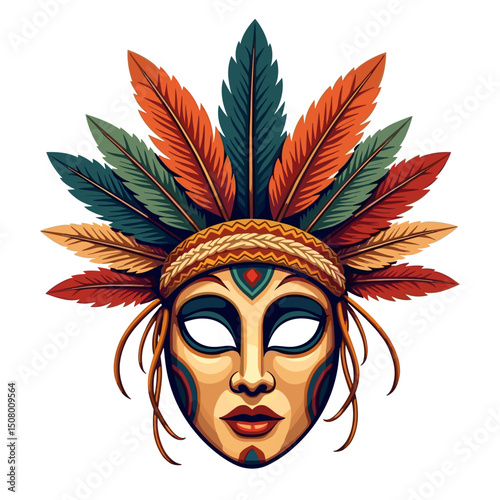 Ornate Carnival Mask with Feathers and Intricate Design, Vector Illustration for Festive Occasions