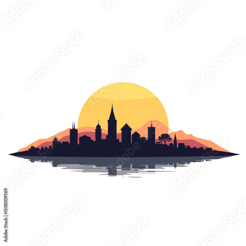 Wallpaper Mural Silhouette Cityscape at Sunset with Reflection, A Serene Urban Landscape Illustration Torontodigital.ca