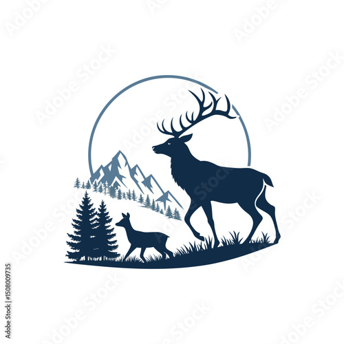 A minimalist deer iconic logo design Black and white illustration, deer head silhouette, majestic antlers, minimalist design, elegant profile, stylized wildlife art, sharp contrast, vector graphic