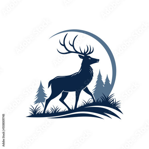 A minimalist deer iconic logo design Black and white illustration, deer head silhouette, majestic antlers, minimalist design, elegant profile, stylized wildlife art, sharp contrast, vector graphic