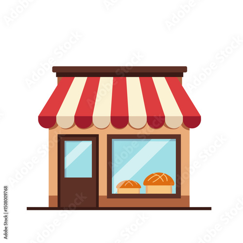 Charming Bakery Shopfront Illustration with Red and White Striped Awning and Fresh Bread Displayed in the Window