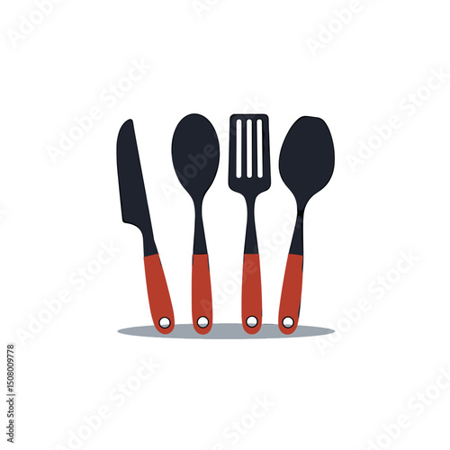 Kitchen Utensils Flat Design Illustration: Knife, Spoon, Spatula, and Ladle for Cooking and Food Preparation