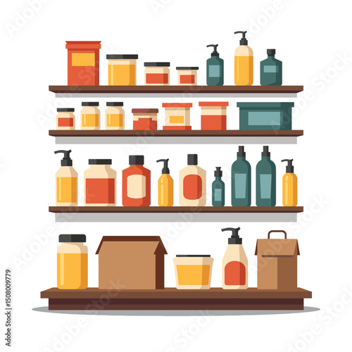 Vector Illustration of Shelves with Various Bottles and Containers for Storage and Organization