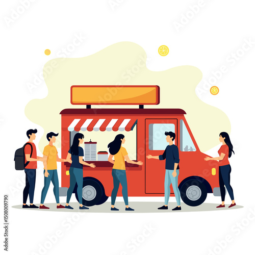 Vibrant Flat Vector Illustration of People Ordering Food from a Red Food Truck with Striped Awning